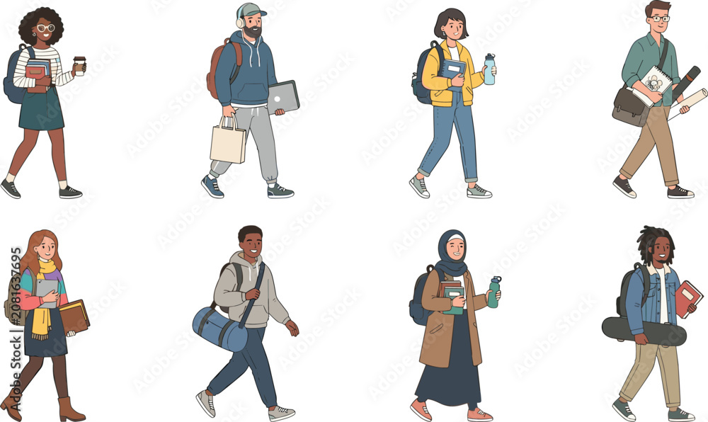 Fototapeta premium Diverse Students Walking with Backpacks Books Coffee and School Supplies Flat Vector Collection