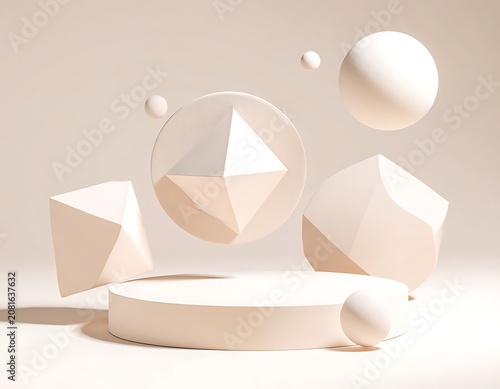 A 3D rendering of geometric shapes on a beige background