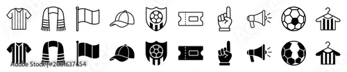 Collection of black soccer fan icons in line art and glyph styles, featuring supporter items like a jersey, scarf, flag, ticket, ball, and megaphone for a championship