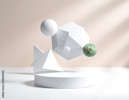 A 3D rendering of geometric shapes on a white platform