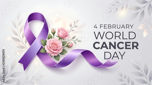 World cancer day concept with purple awareness ribbon and pink rose flowers