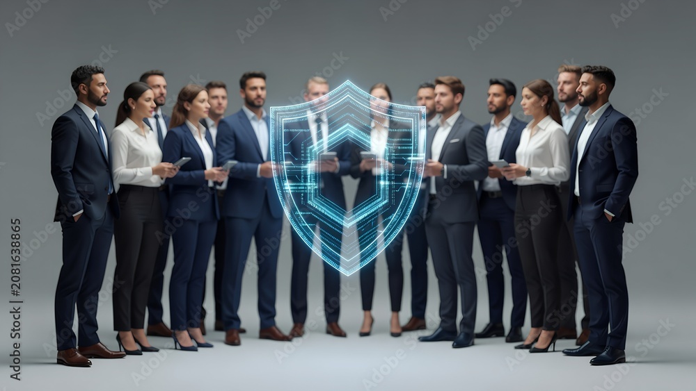 Obraz premium Diverse group of professional business people in suits standing around a glowing blue digital security shield hologram, symbolizing corporate cybersecurity, data protection, and team collaboration for