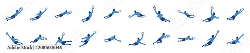 Set of blue soccer goalkeeper silhouettes in various dynamic action poses, showing the player diving, jumping, and catching the ball in a minimalist vector icon style