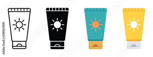 Sunscreen tube icon set, outline glyph color styles, summer skincare protection, isolated transparent vector illustration