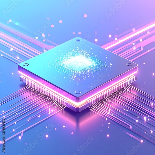 A 3D-rendered microchip with neon lights and circuits on a blue background