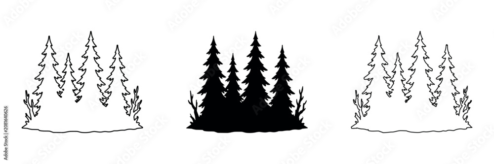 Fototapeta premium Collection of stylized evergreen trees in outline, solid, and hand-drawn styles