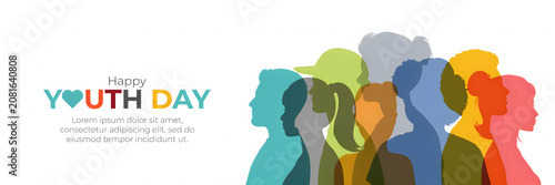 Colorful silhouettes of diverse young people standing together in a row, representing youth day celebration with text on white background