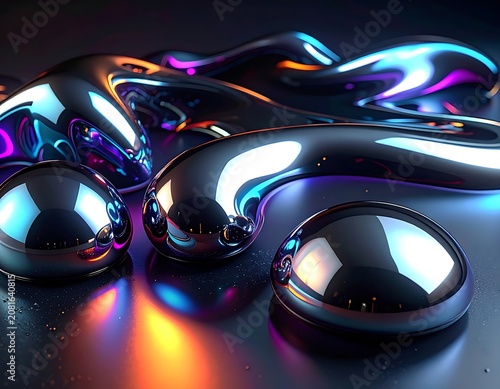 A close-up of shiny, iridescent liquid blobs on a metallic surface