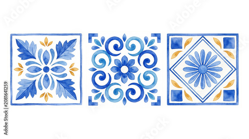 Foto Watercolor Portuguese ceramic tile trio transparent PNG, blue azulejo floral orn