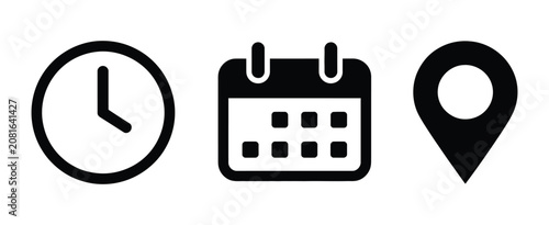 Time date and address icon set vector, clock calendar location pin marker signs, business meeting schedule event booking reminder concept