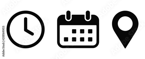 Time date and address icon set vector, clock calendar location pin marker signs, business meeting schedule event booking reminder concept