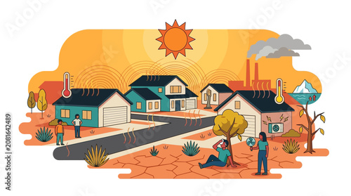 illustration of a community affected by climate change highlighting temperature rise and drought impacts with community members