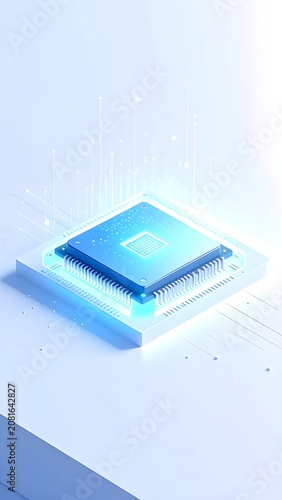 A blue microchip on a white surface with a glowing effect
