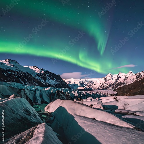 A breathtaking display of green aurora in a snowy mountainous landscape