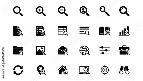 Black icons of search and magnifying glass symbols for business and internet concepts on white transparent background