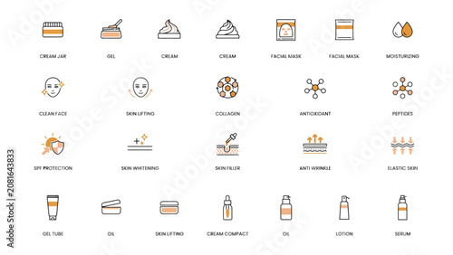 Collection of line icons for skincare and beauty products and treatments on white background