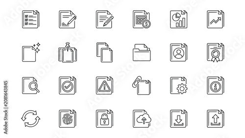 Collection of various file and document icons for business and organization on white background  symbols for data management and productivity