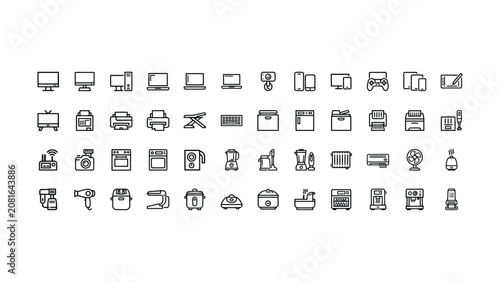 Collection of various household and electronic devices icons in minimalistic line style on transparent background  set of modern appliances and gadgets