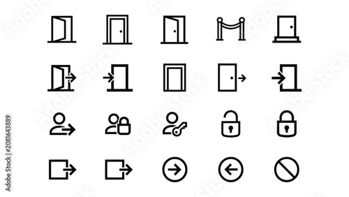 Collection of various icons representing doors locks people and directions on a transparent background for design and navigation purposes