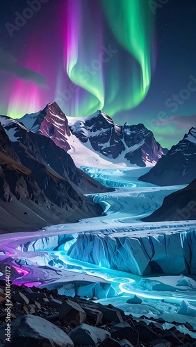 A breathtaking landscape of a glacier surrounded by mountains under the aurora borealis