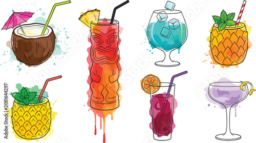 Watercolor Tropical Cocktail and Summer Drink Vector Icon Set Featuring Tiki Mug Coconut Pineapple Cup Blue Lagoon and Classic Beverages Illustration