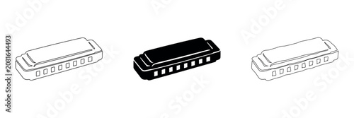 Photos Set of three harmonica icons in outline, solid, and hand-drawn styles