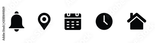 Bell location pin calendar time and home icon, notification map marker date clock house symbol, vector illustration