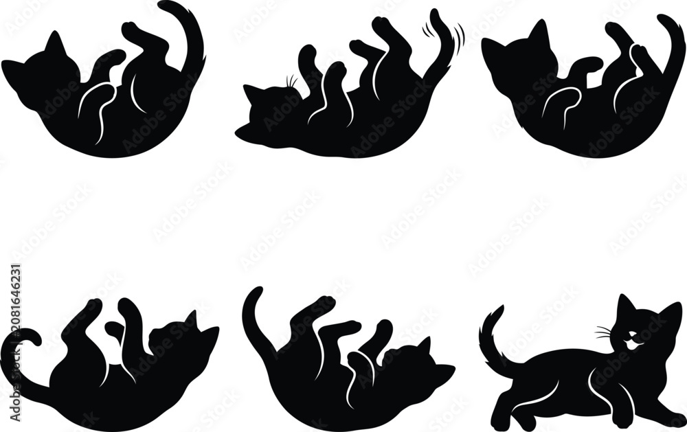 Obraz premium Playful cats stretching and rolling around in black silhouette against a white background