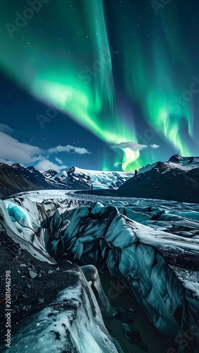 A breathtaking landscape of a glacier under the vibrant green aurora borealis (2)