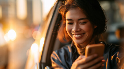 Attractive Asian woman smiling and using her phone while enjoying a car ride through a bright city at late afternoon warm golden light joyful commute connectivity with copy