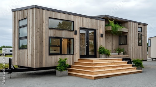 Contemporary minimalist tiny house exterior with efficient layout light wood siding simple steps neutral tones even daylight professional architectural style