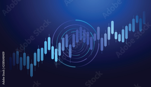 Vector illustration of financial stock market candlestick chart with circular radar digital data interface on blue background, business analysis growth and crypto trading graph.
