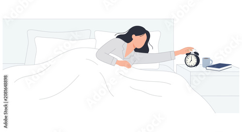 Schilderij op canvas Woman reaching for alarm clock flat vector illustration on white background bedr