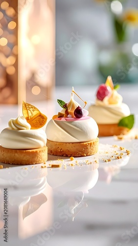 A close-up of three small pastries with white frosting and fruit