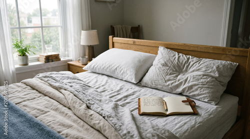 Cozy Bedroom Interior Featuring a Comfortable Bed with Neutral Linens and a Journal