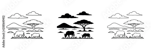 Obraz na plátně African savanna landscape with rhinos grazing under acacia trees and clouds