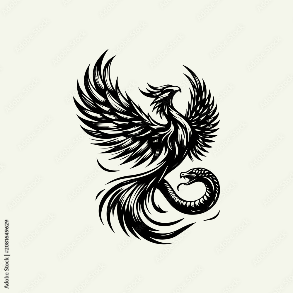 Fototapeta premium Stylized black and white illustration of a mythical phoenix bird and a serpent.