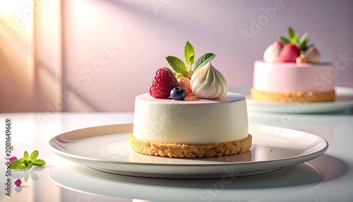 A close-up of two cheesecakes on plates with fruit toppings