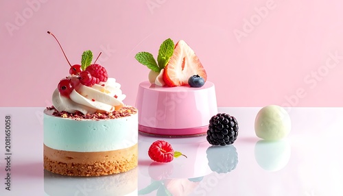 A close-up of two decorated desserts on a white table with fruits