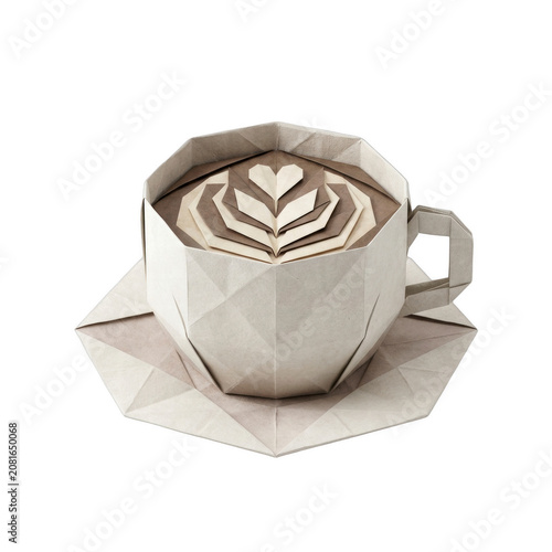Origami paper coffee cup with latte art on black background
