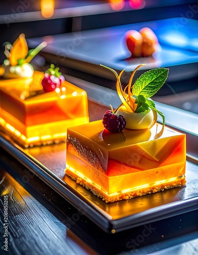A close-up of two illuminated desserts with fruit toppings on a tray