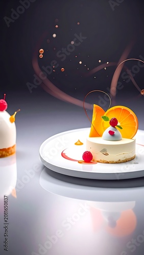A close-up of two small cheesecakes with fruit on a white table
