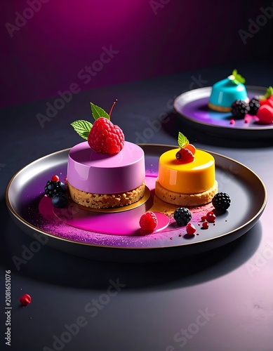 A close-up of two small cakes on plates with berries