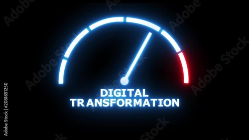 Digital transformation technology concept. Instrument scale with arrow. Colorful infographic gauge element. Animation video.