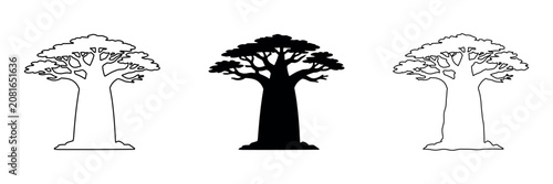 Fotografija Three baobab trees in different artistic styles: outline, silhouette, and hand-d
