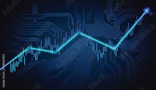 Vector abstract blue technology background with financial stock market chart and neon glowing arrow, circuit board line pattern for fintech digital investment and business growth network.