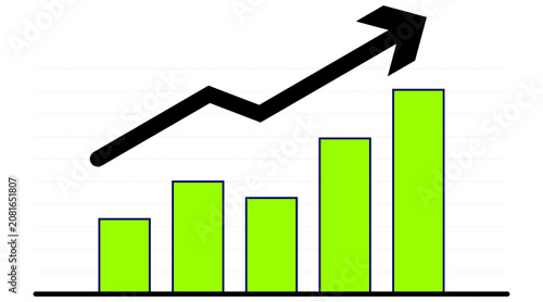 Business growth bar chart and line graph with upward blue arrow, flat vector illustration of financial success, sales increase or economic trend
