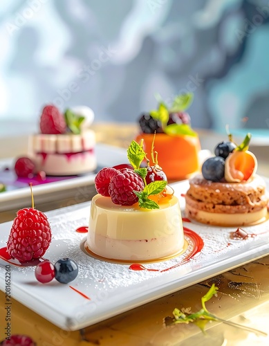 A close-up shot of a selection of desserts on white plates