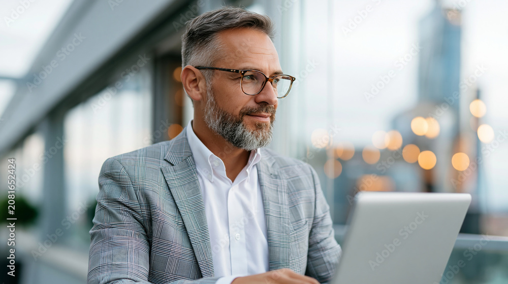 Fototapeta premium Attractive handsome businessman working on a laptop while standing on a bright office terrace looking away stylish professional portrait business city view with copy space