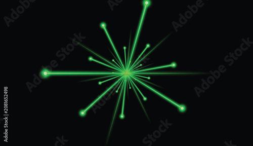 Vector abstract background with green neon laser light burst on black, glowing technology starburst lines with dots, futuristic digital magic effect and sci-fi beam illustration.